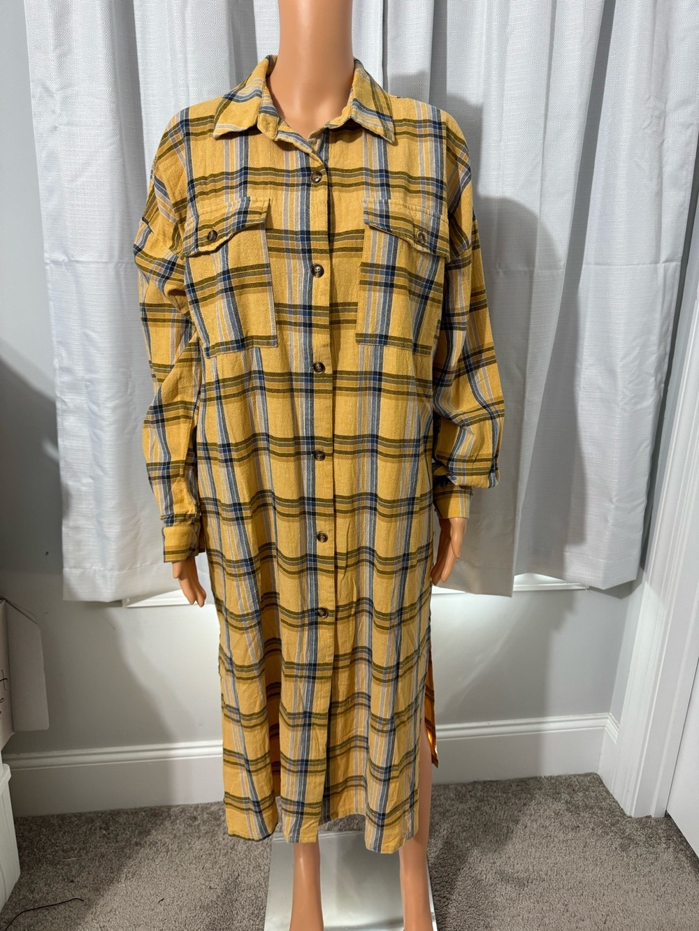Cool Easel size M yellow plaid long sleeve button up midi shirt dress duster new